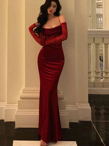 Sexy Bodycon Velvet Lace Red Evening Party Dress Spaghetti Straps Mermaid Prom Dress HZ1023